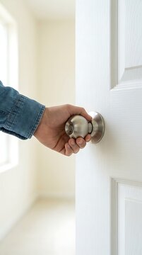 Person holding a round metal door knob on a white wooden panel door inside a bright room interior view