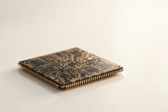 Close-up of a silicon microprocessor chip with gold circuit traces and pins on a bright white studio background, abstract technology concept with copy space