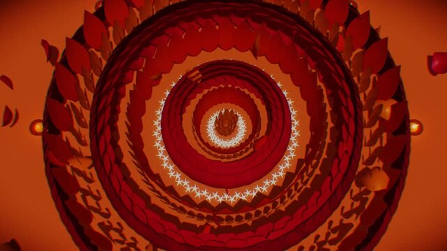 Red and orange flower petal rings rotate in concentric circular patterns over a warm backdrop in a 3D animation
