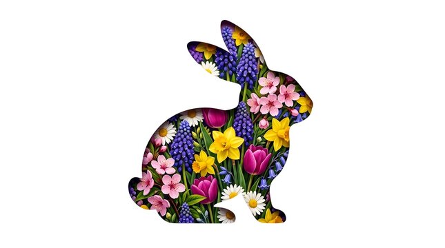Decorative easter bunny silhouette filled with colorful spring flowers and blossoms isolated on a white background