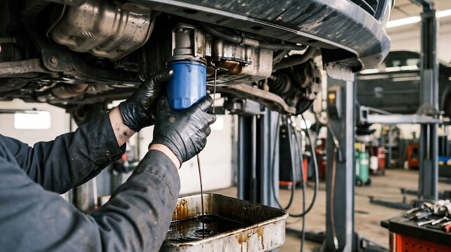 Mechanic changing oil filter on a car in a repair shop