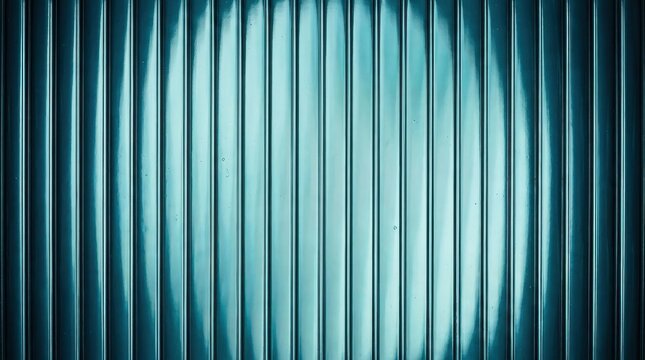 Teal corrugated metal texture with glossy highlights, industrial architectural background, parallel ridges and dramatic spotlight creating modern abstract surface