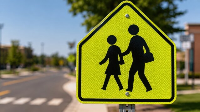 Yellow pedestrian crossing sign indicating school zone with child and adult figures walking together along a suburban street with trees and buildings in the background