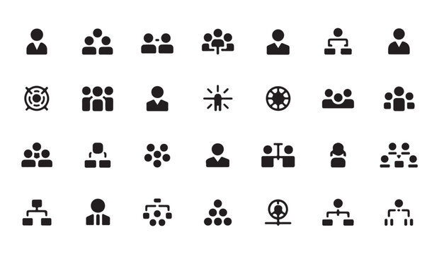 Set of people icons for organization charts and user profiles, illustrating different group sizes and structures.