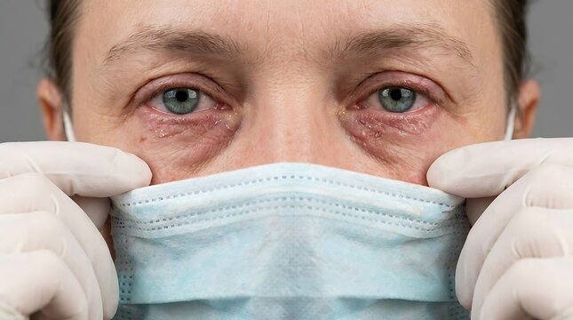 Woman wearing a protective blue medical face mask and white gloves touching her sore red eyes medical mask