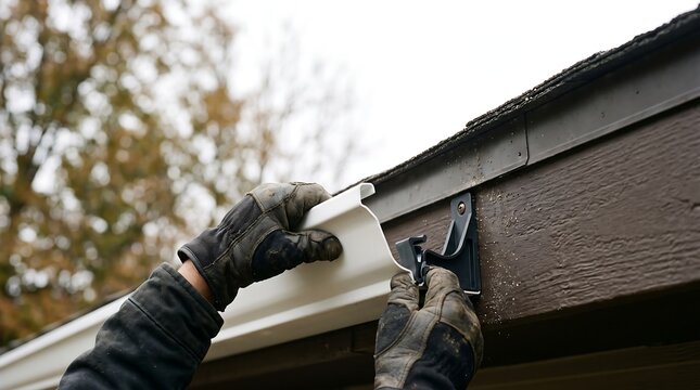 Gutter installation worker attaching white gutter section to house exterior