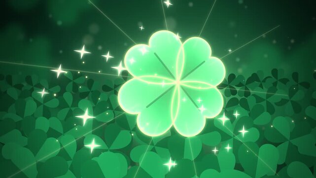 Glowing four leaf clover with rays over dark clovers seamless loop