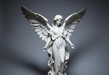 Fototapeta premium Spirituality and peace concept white marble angel statue with wings spread in a serene pose for religious memorial and funeral design projects