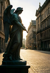 Fototapeta premium Spirituality and peace, bronze angel statue standing on a cobblestone street in a historic city center at sunset with warm golden hour light