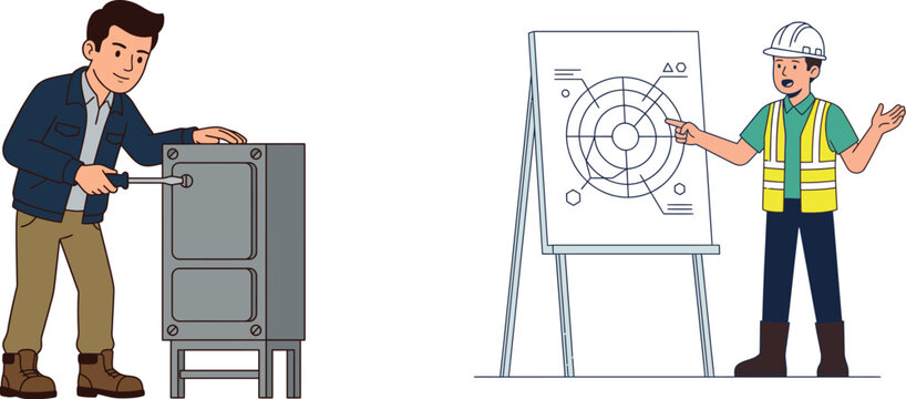 Worker inspecting a large metal container with a digital tablet and blueprint illustration