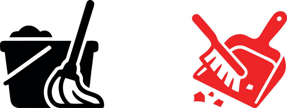 Two cleaning icons depicting a bucket and dustpan in different color schemes