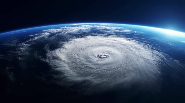 60 FPS Orbital view of massive hurricane eye wall spiraling over Earth with sunrise rim light