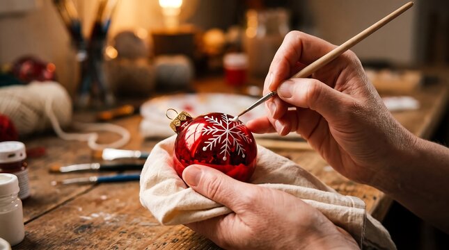 Person painting a snowflake design on a red Christmas ornament with white paint