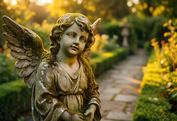 Fototapeta premium Spirituality and peace stone angel statue with moss in a serene garden at sunset for memorial funeral and religious reflection or meditation themes