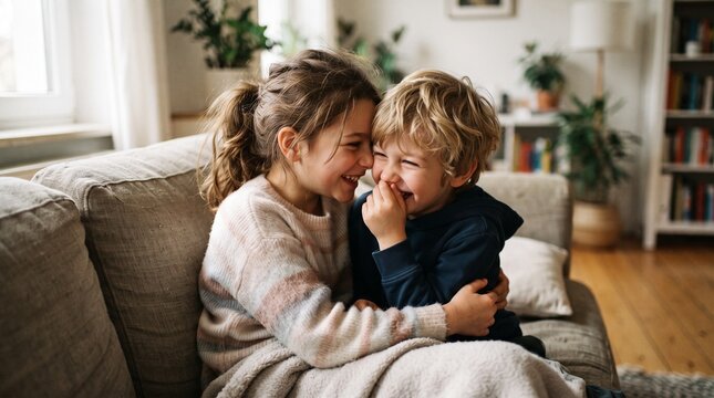 Two happy siblings sharing a secret and laughing together on a cozy couch indoors