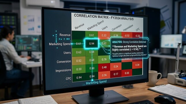 An AI overlay highlights a strong correlation between revenue and marketing spend on a correlation matrix for FY2024 analysis.