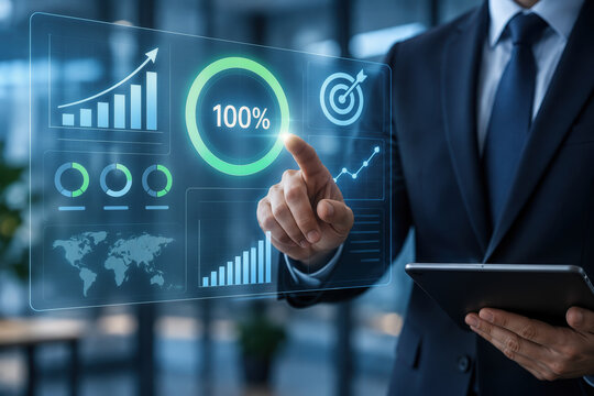 Executive interacting with holographic KPI dashboard displaying 100 percent completion with growth charts global sales metrics and performance analytics for corporate reporting and strategy