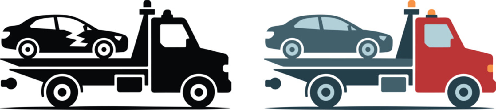 Flat vector icons of a tow truck carrying a sedan vehicle