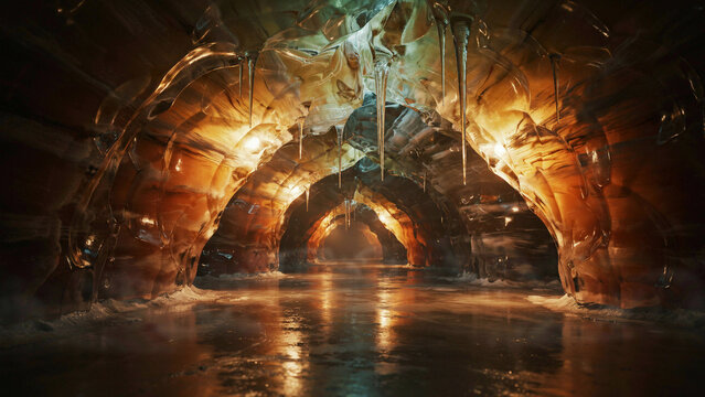Natural limestone cavern interior with water reflecting glowing rock formations limestone underground reflection formation stalactites subterranean landscape adventure exploration lighting