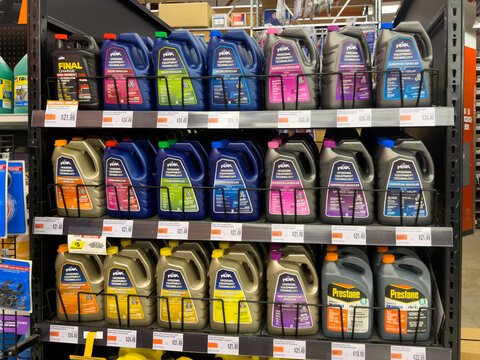 Aubrey, Texas, USA - September 22nd, 2026: Peak original equipment technology and Prestone antifreeze coolant displaying inside AutoZone store