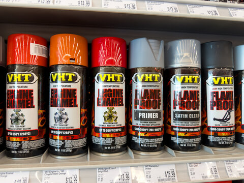 Aubrey, Texas, USA - September 22nd, 2026: VHT engine enamel and flame proof spray paint cans displaying inside AutoZone store