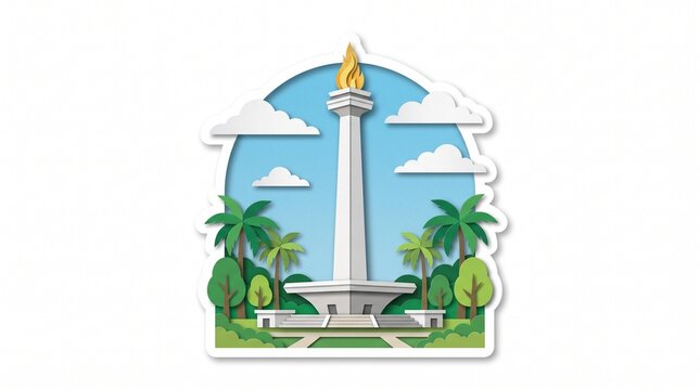 Monas National Monument Jakarta papercut sticker illustration with golden flame, palm trees and blue sky, layered paper art style