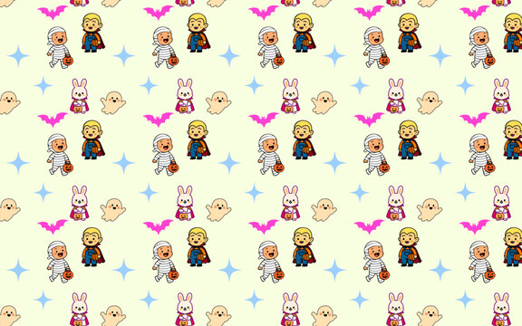 Cute Halloween seamless pattern with spooky cartoon characters, ghosts, bats, pumpkins, and colorful festive decorations.