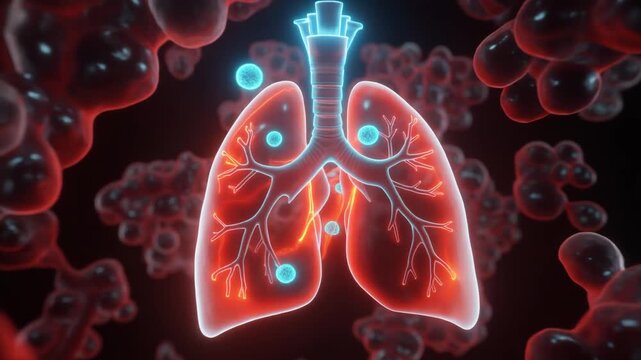 3D medical animation of glowing blue oxygen particles entering human lungs and oxygenating the bronchial tree in red