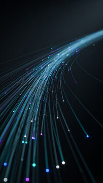 Abstract fiber optic light trails curving through dark space with abstract communication connection technology internet transfer transmission telecommunication electronic direction backdrop
