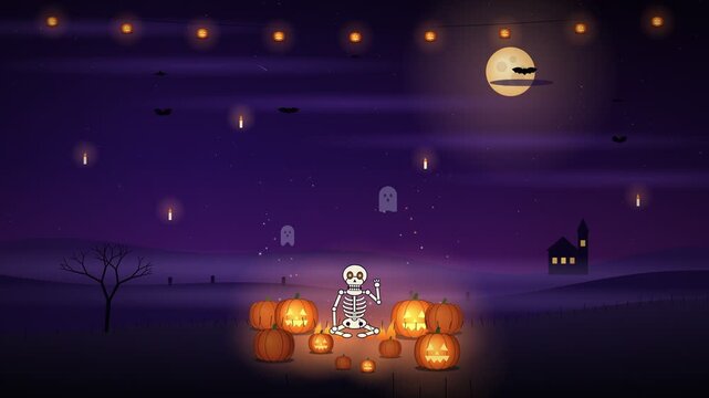Halloween Night Background with Cute Skeleton, Jack O Lantern Pumpkins and Moon
