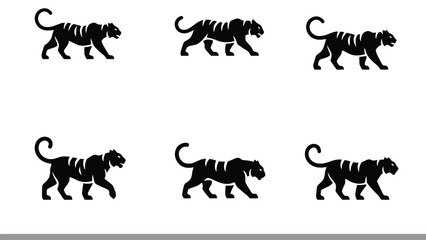 Fototapeta premium Solid Black Glyph Stalking Tiger Prowling Savanna Wildcats Silhouette Vector Set