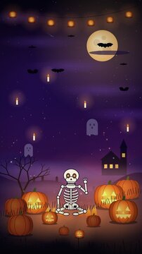 Spooky Halloween night featuring a cute skeleton sitting surrounded by glowing carved pumpkins, ghosts, and full moon background.