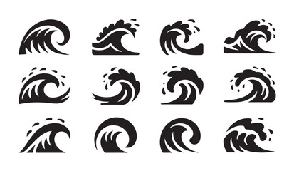Fototapeta premium Ocean wave silhouette icons set with various sea motions for surfing travel and nautical graphic designs.