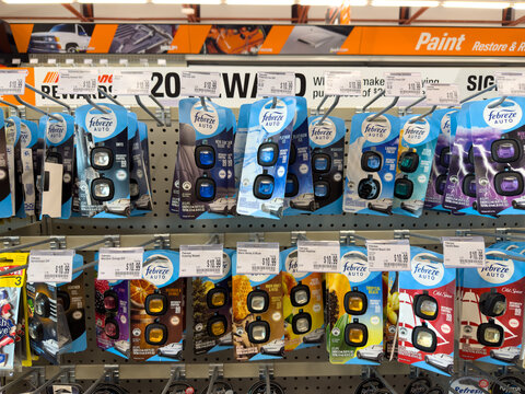 Aubrey, Texas, USA - September 22nd, 2026: Febreze Auto vent clips hanging on display rack inside AutoZone retail store