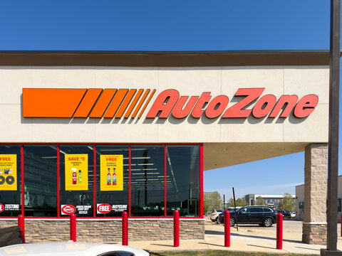 Aubrey, Texas, USA - September 22nd, 2026: Exterior facade and logo sign of AutoZone building under blue sky