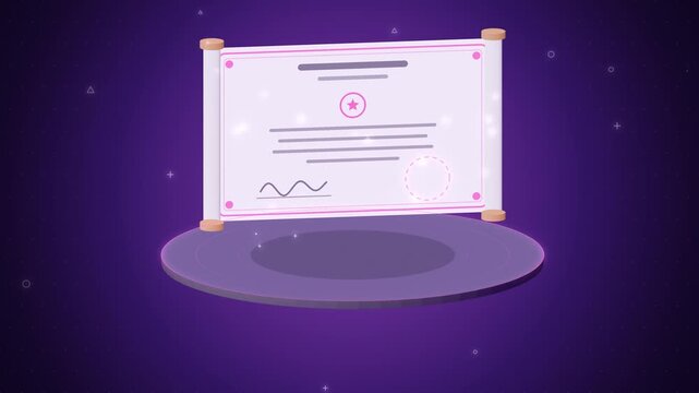 Certificate scroll unrolling with star seal on purple stage