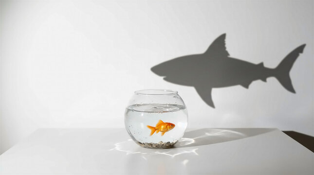 Small goldfish in a fishbowl with a shark shadow, ambition concept