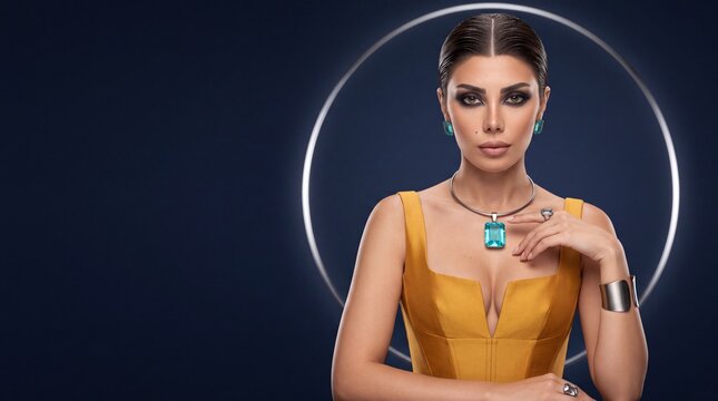 Elegant woman in yellow satin corset dress wearing paraiba tourmaline pendant necklace and platinum jewelry studio portrait