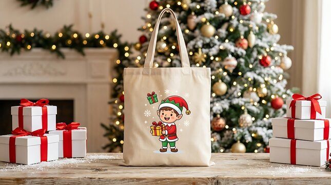Canvas tote bag with christmas elf illustration surrounded by gift boxes and decorated pine tree shopping bag holiday shopping cotton tote bag mockup christmas design christmas decoration