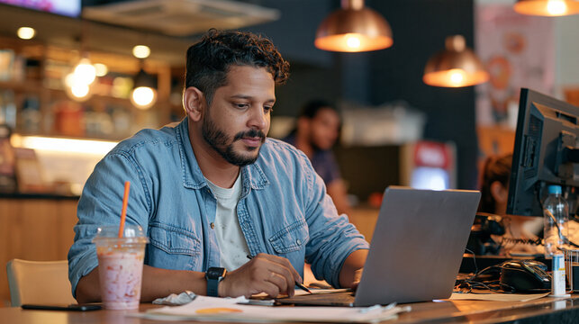 Ultra realistic dslr shot of an Indian worker working on counter of a movie theatre on a laptop, 