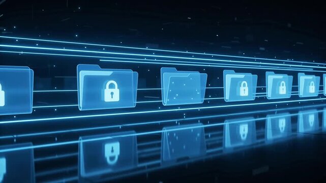 Glowing blue digital data folder with open padlock and light particles
