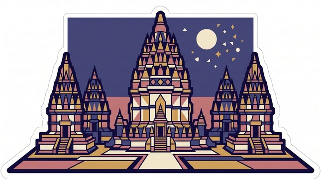 Prambanan temple night scene sticker illustration, Indonesian Hindu temple complex with moon and stars in geometric flat vector style