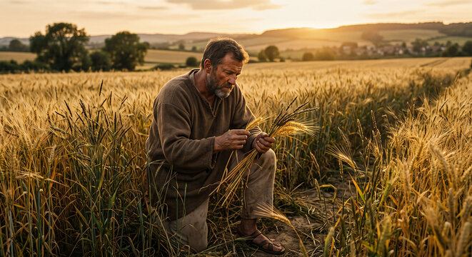 The parable of the tares among the wheat, Matthew 13 New Testament biblical scene, wheat field and weeds, harvest judgment, Christian religious illustration