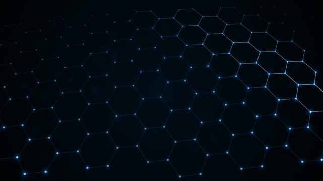 Hexagonal grid pattern moving with glowing blue light nodes on dark background motion footage.