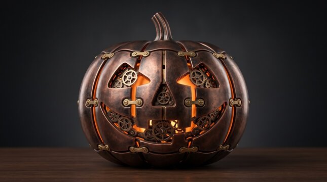 Steampunk pumpkin with glowing orange light inside and intricate metal