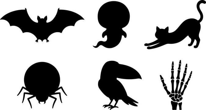 Dark silhouettes featuring bat ghost cat spider raven and skeleton hand for spooky themes.