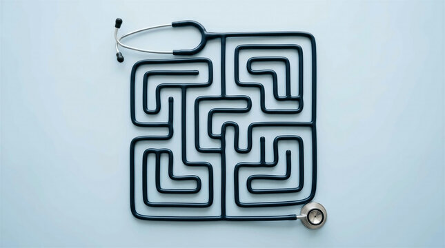 Stethoscope tube forming a maze on pale blue, health plan concept