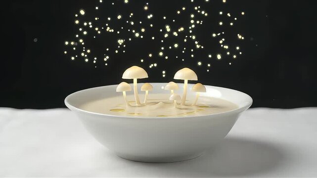 White soup bowl with magical miniature mushrooms releasing glowing bioluminescent spores