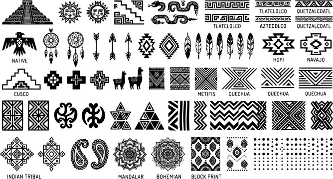 Black Aztec Geometric Pattern Vector Set, Native American, Mexican, Peruvian and Tribal Ethnic Ornamental Motifs for Textile and Decorative Design