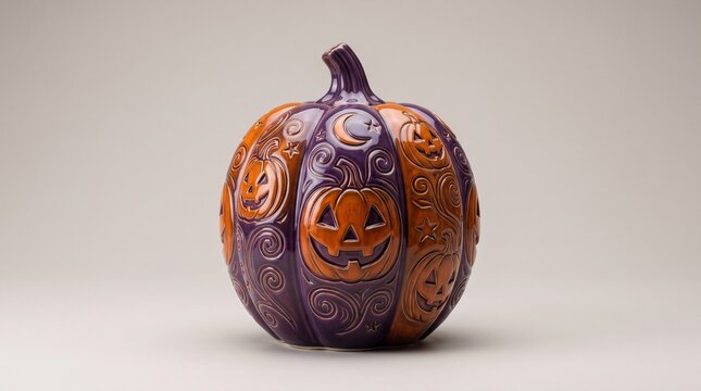 Decorative Purple and Orange Ceramic Halloween Pumpkin with Carved Jac